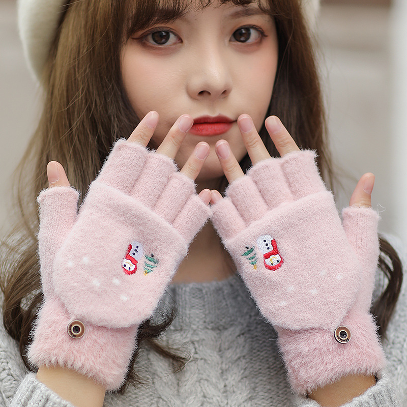 Autumn and winter women's half-finger flip knitted gloves cute Korean version student cold-proof and warm touch-screen half-finger gloves wholesale