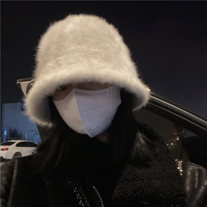 Rabbit fur bucket hat for women in autumn and winter, cute Japanese style fur bucket hat, warm white plush fisherman hat, small face