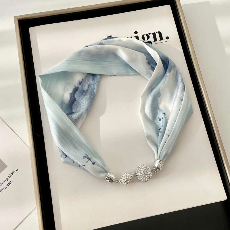 New magnetic buckle silk scarf necklace neck accessories lazy scarf multi-purpose scarf high-end lazy wrist tie scarf headband