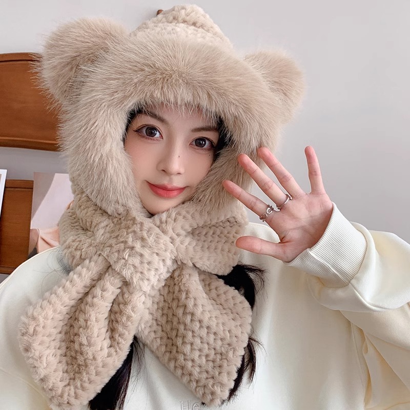 Hat and scarf integrated women's winter Korean version versatile cute ear plush hat plus velvet hat women's new warm scarf