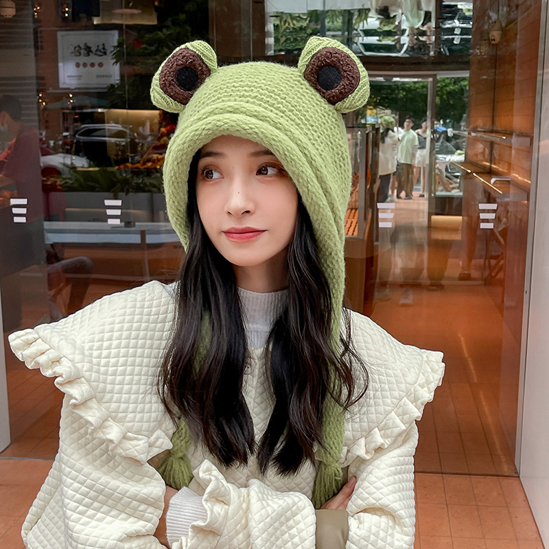 Frog knitted woolen hat for women spring and autumn cute ear-wrapped headgear hat ear protection warm earmuffs autumn and winter students
