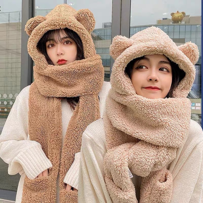New Bear Hat Scarf Gloves Three-piece Women's Autumn and Winter Versatile Cute Plush Scarf Thickened and Warm