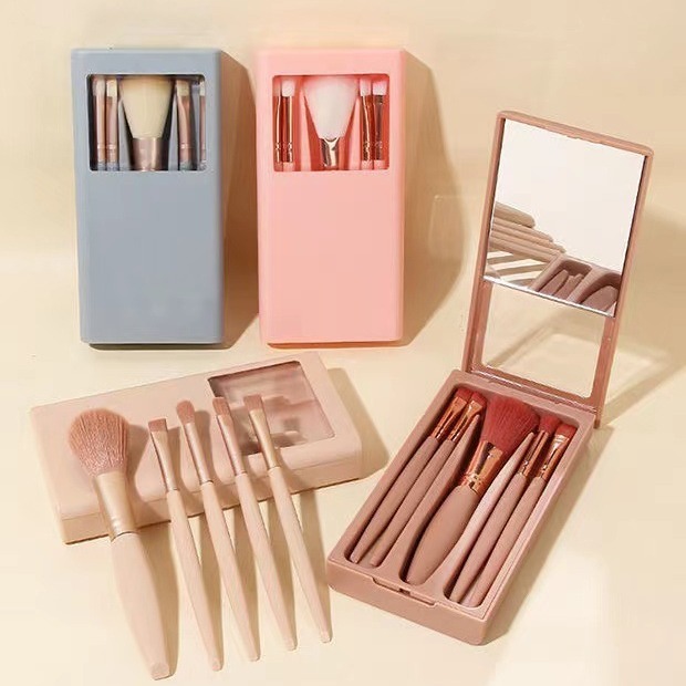 New 5-piece mirror box makeup brush set with window opening and mirror, portable multi-functional eye shadow beauty tools batch