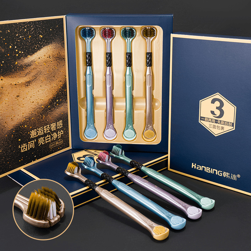 Three-sided wrapped toothbrush, three-dimensional tongue scraper, dual-purpose adult soft-bristle premium gift box