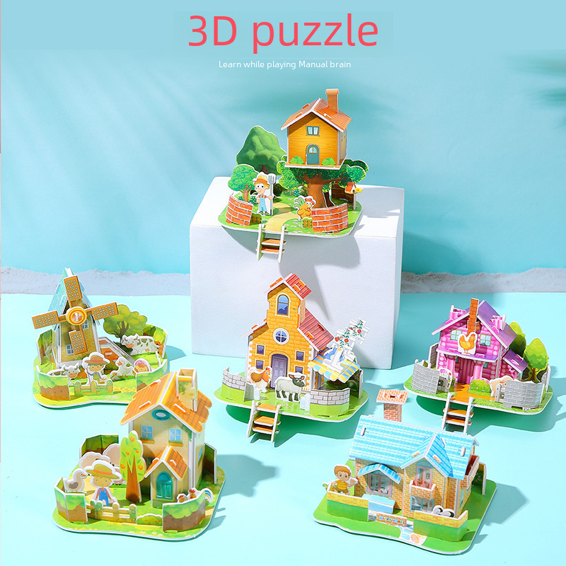 Kindergarten children's handmade educational toys paper three-dimensional puzzle building blocks DIY cabin creative building model