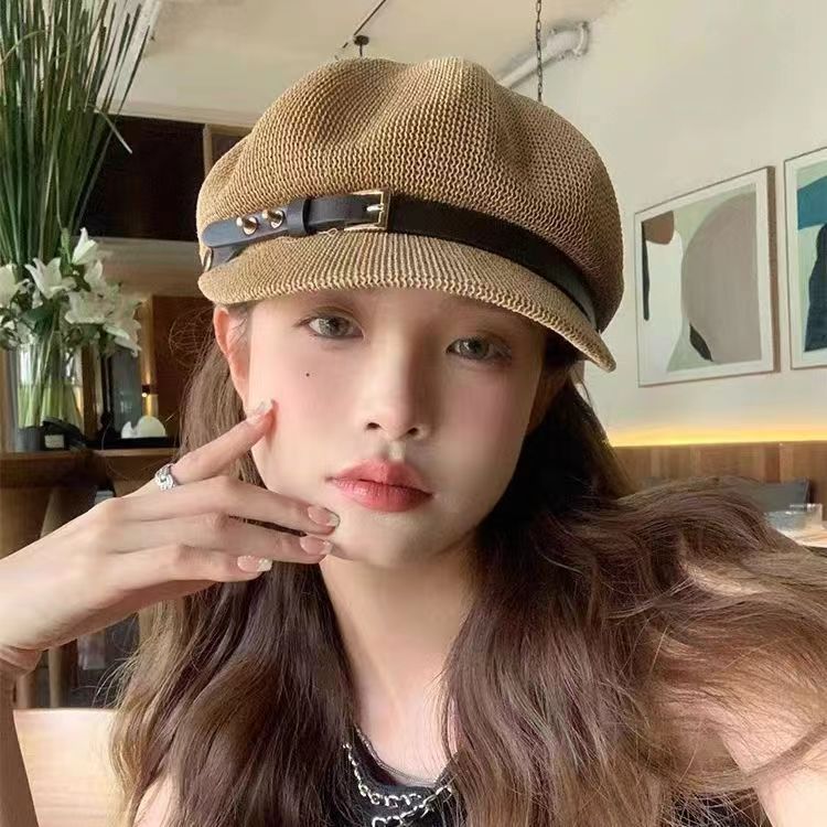 New hollow breathable octagonal hat for women, versatile sun protection straw hat for summer travel, Japanese trendy duck tongue beret