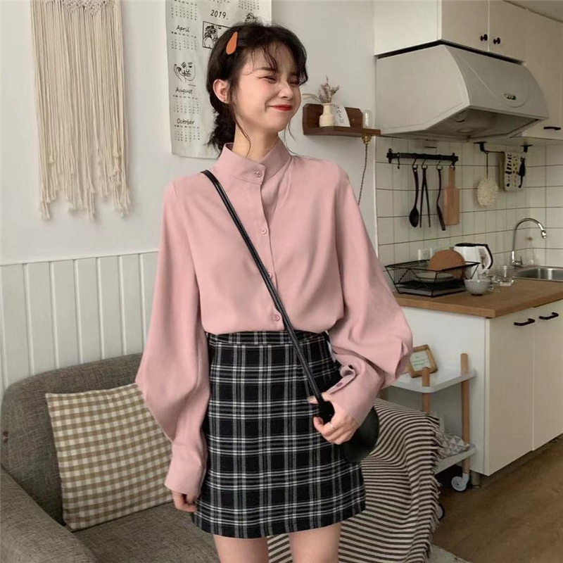 Real price! Self-retained Korean version of retro simple loose temperament pure color shirt with long sleeves