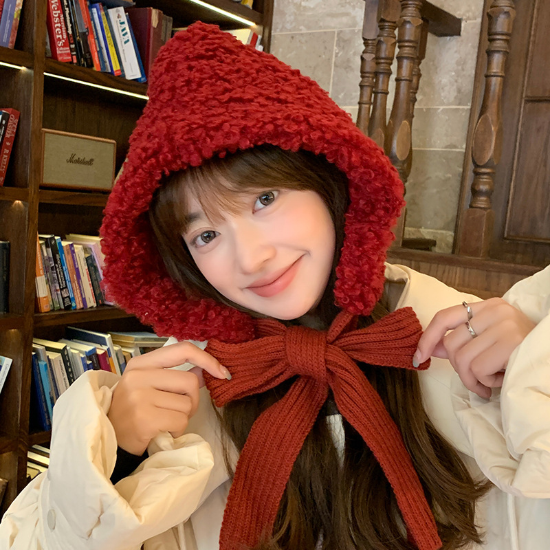 Red Little Witch Hat Women's Autumn and Winter Plush Tie Balaclava Warm Ear Protection Anti-Cold Hat