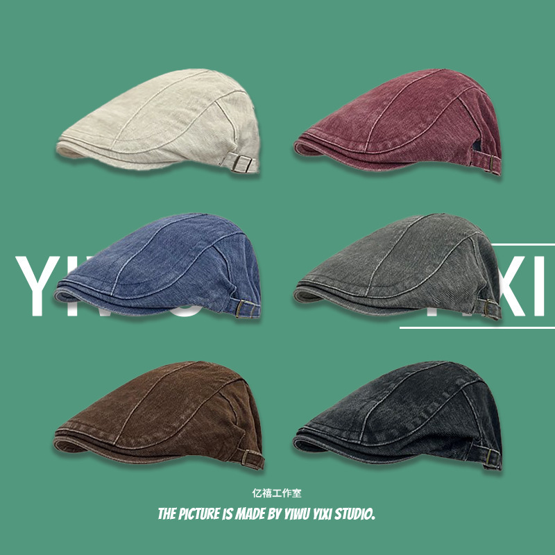 Washed old denim forward hat female hottie duck tongue beret newsboy painter hat American retro coffee color