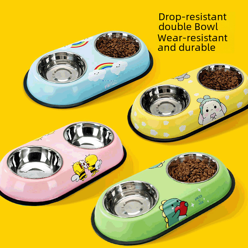 New Cartoon Pet Stainless Steel Dog Bowl Double Bowl Dog Cat Food Bowl Cat Bowl Teddy Drinking Water Pet Dog Supplies