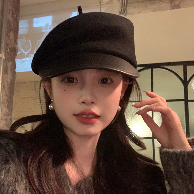 PU leather brim temperament black woolen octagonal hat autumn and winter versatile casual beret small newsboy hat showing face