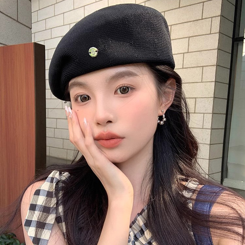 Designer metal label temperament beret women's summer breathable thin painter's hat showing face small octagonal hat for women