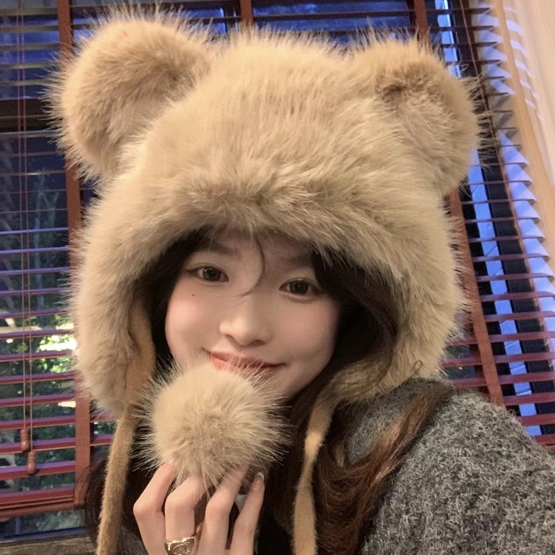 New cute bear plush hat, thick imitation fox fur, warm ear protection hat, anti-cold outdoor Lei Feng hat lace