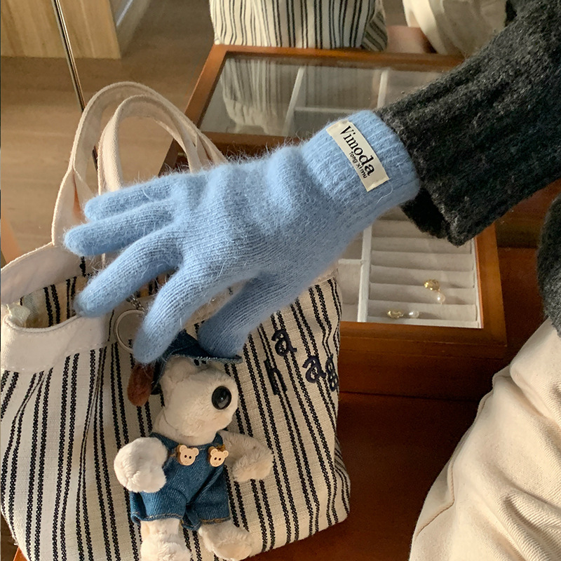 Blue New Plush Cute Knitted Gloves Women's Autumn and Winter Cycling Warmth and Cold-proof Fingers