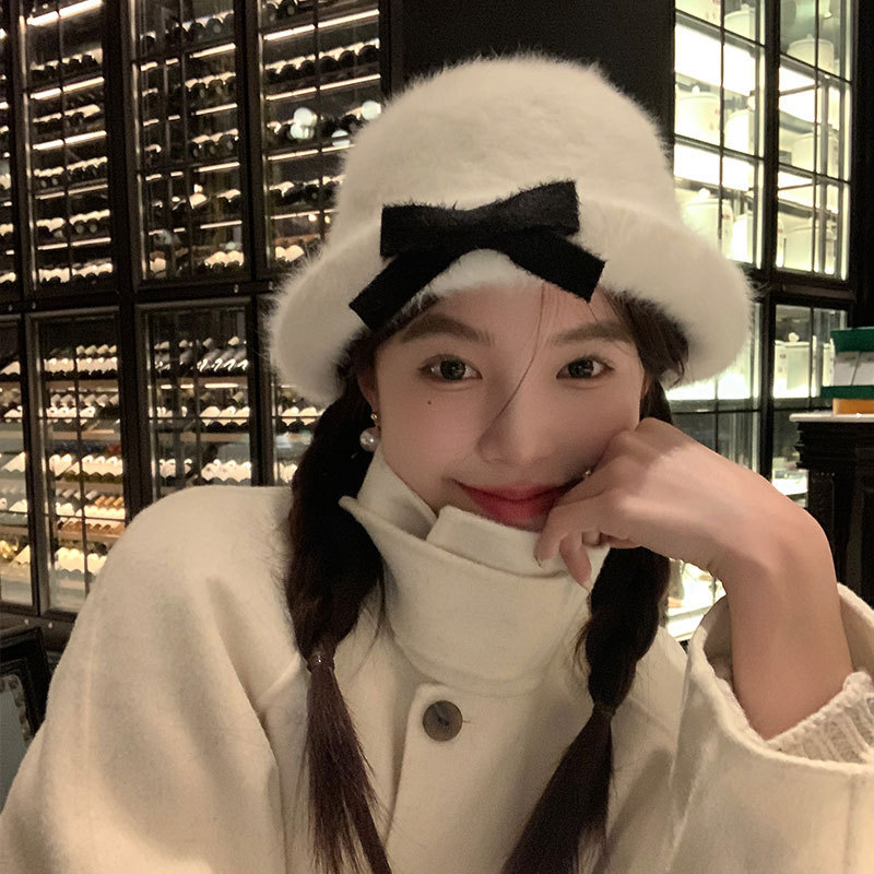 [My head is not round] Original style ~ Bow plush fisherman hat women's winter hat thickened warm basin hat