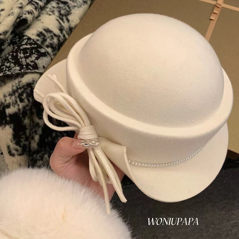 Collection of golden hats~Hepburn style 100% sheep wool bow curly top hat for women in autumn and winter square basin hat winter