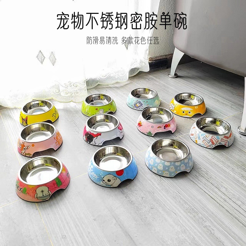 Pet supplies cartoon melamine stainless steel cat bowl dog single bowl dog food bowl non-slip easy to clean universal for cats and dogs