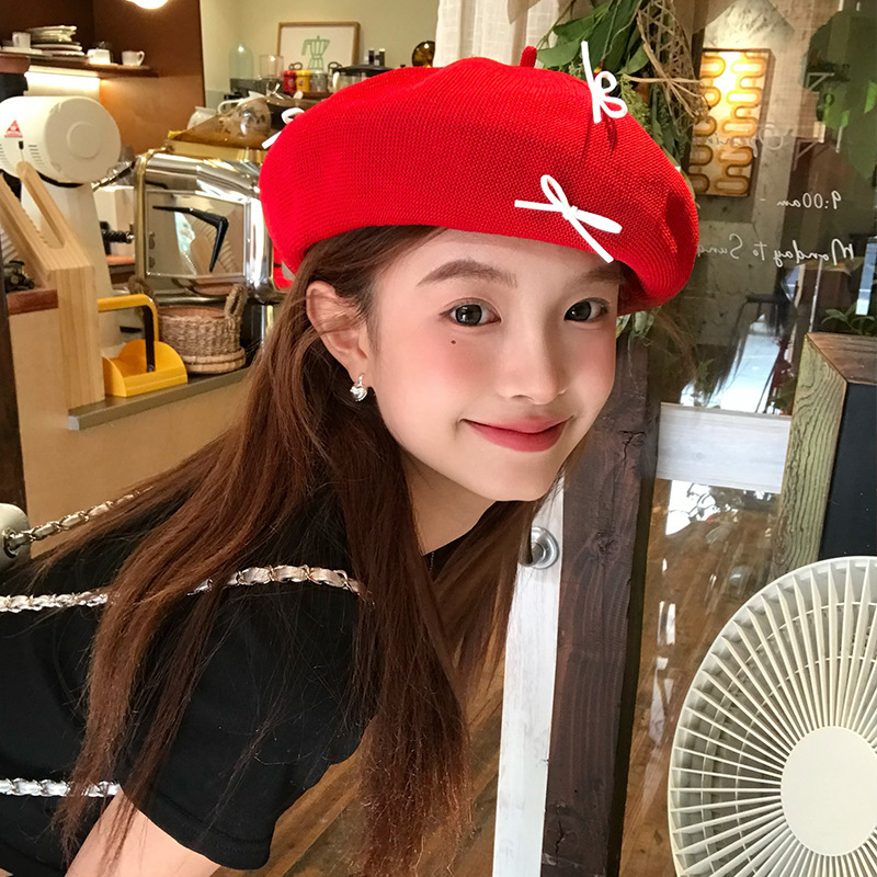 Red beret women's new face-showing little girl's summer bow painter's hat