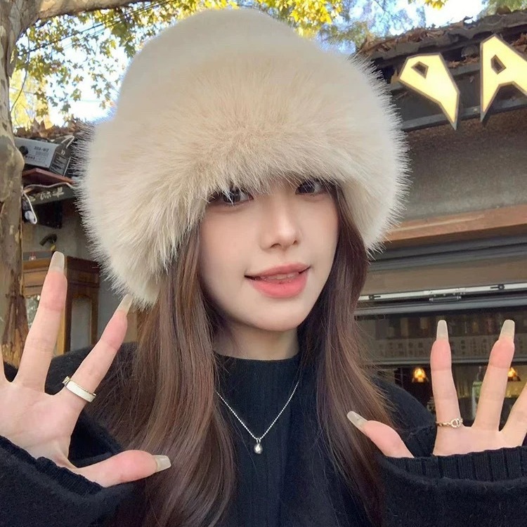 Autumn and winter imitation mink hat for women in winter, high-end, versatile plush fisherman hat, large head circumference, warm and ear-protecting Mongolian hat