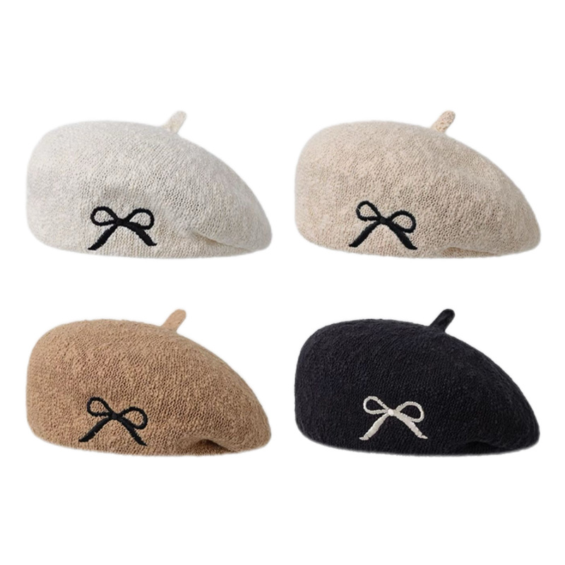 Niche design Korean version ins cotton and linen breathable bow embroidered beret summer thin style face-showing little painter hat