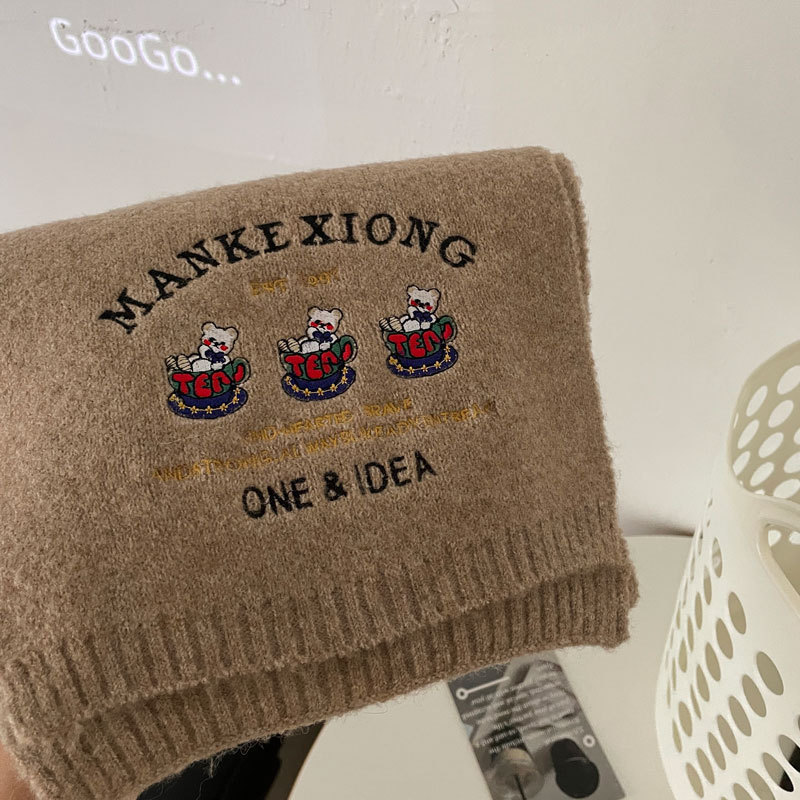 Wool blended ~ Japanese sweet cartoon bear embroidery imitation cashmere scarf for women winter warm couple knitted scarf