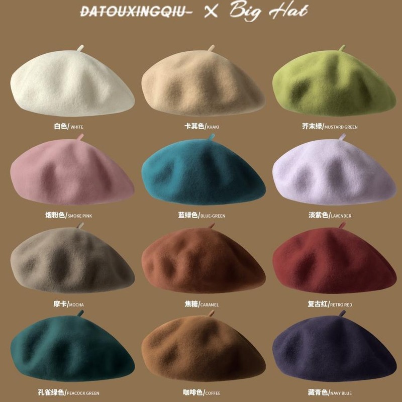 Wool beret women's spring and autumn style hat suitable for large round faces Korean print painter's hat octagonal bud hat