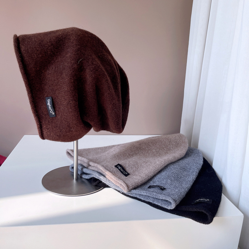 Merino wool knitted pile hat for women autumn and winter warm woolen hat Maillard color simple toe cap trendy