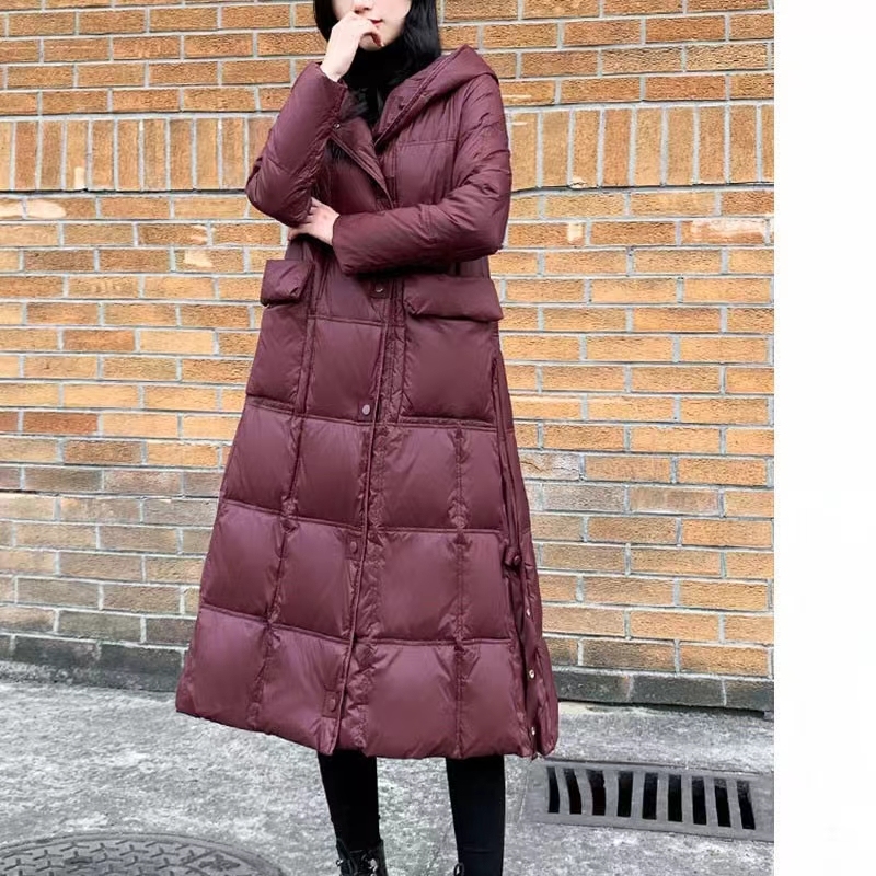 New winter loose hooded thickened mid-length knee-length down jacket for women artistic solid color white duck down jacket