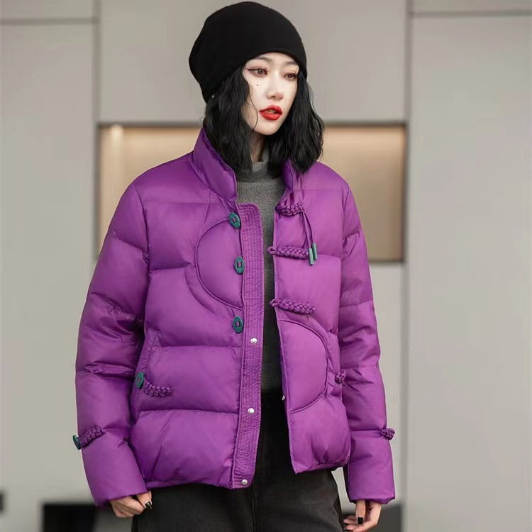 New winter style literary retro splicing pipa button white duck down short stand collar Chinese style down jacket for women