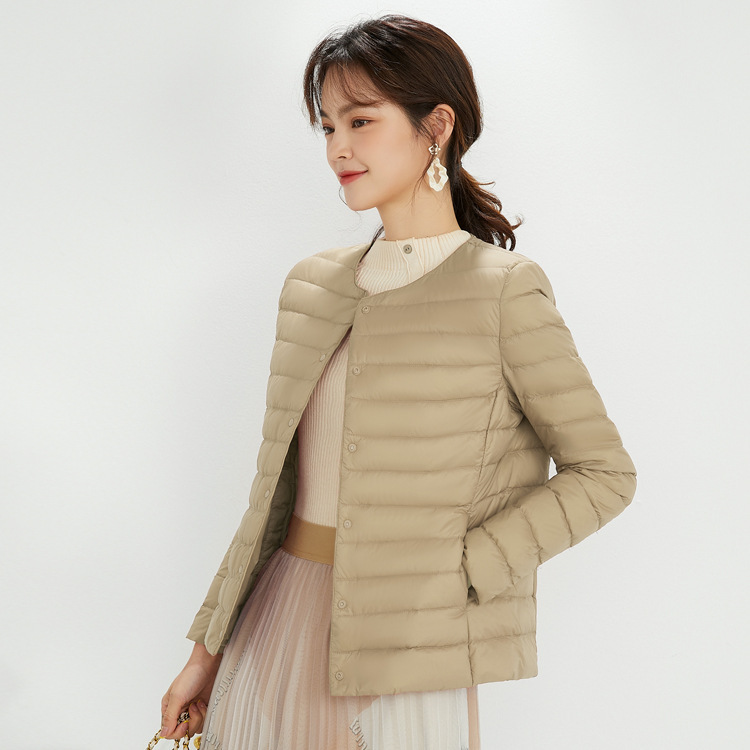 Light down jacket for women 2024 autumn and winter new round neck V-neck liner long sleeve collarless women's 90 white duck down jacket