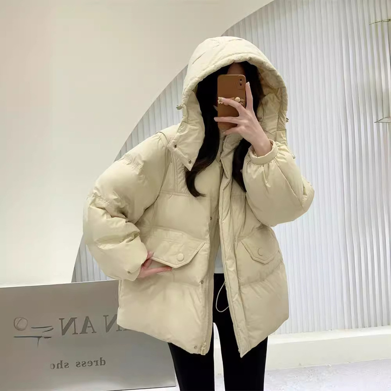 2024 New Winter Clothing Korean Style Hooded Waist Down Jacket Women's Medium Long Casual Loose Thickened White Duck Down Jacket