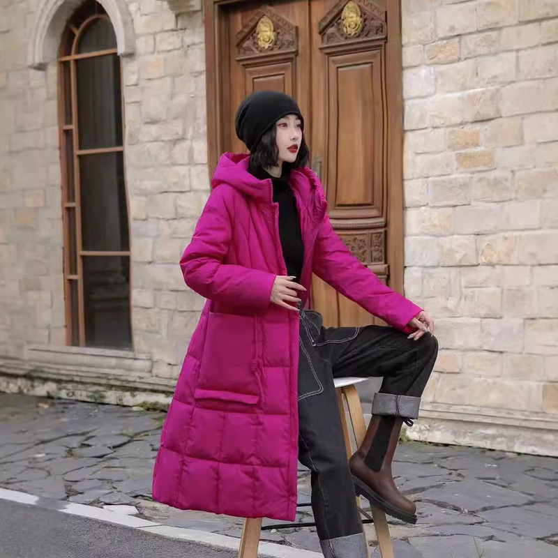 Literary Simple Down Jacket Women 24 New Winter Retro Loose White Duck Down Large Size Hooded Mom Mid-Length Jacket