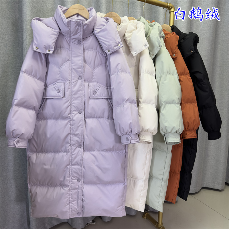 Mid-length white goose down down jacket for women 2024 new Korean version over the knee thickened hooded large pockets loose large size trendy
