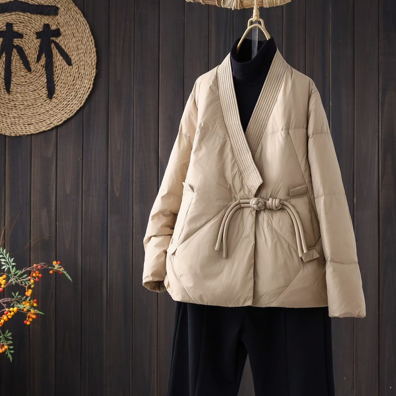 Original niche design lace-up slimming A-shaped short down jacket for women artistic v-neck kimono style coat white duck down