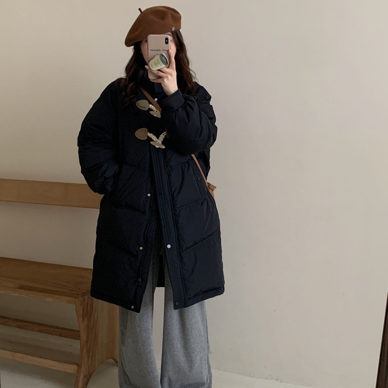 Shoe button down jacket for women 2024 new autumn and winter Korean version loose mid-length white duck down thickened warm jacket
