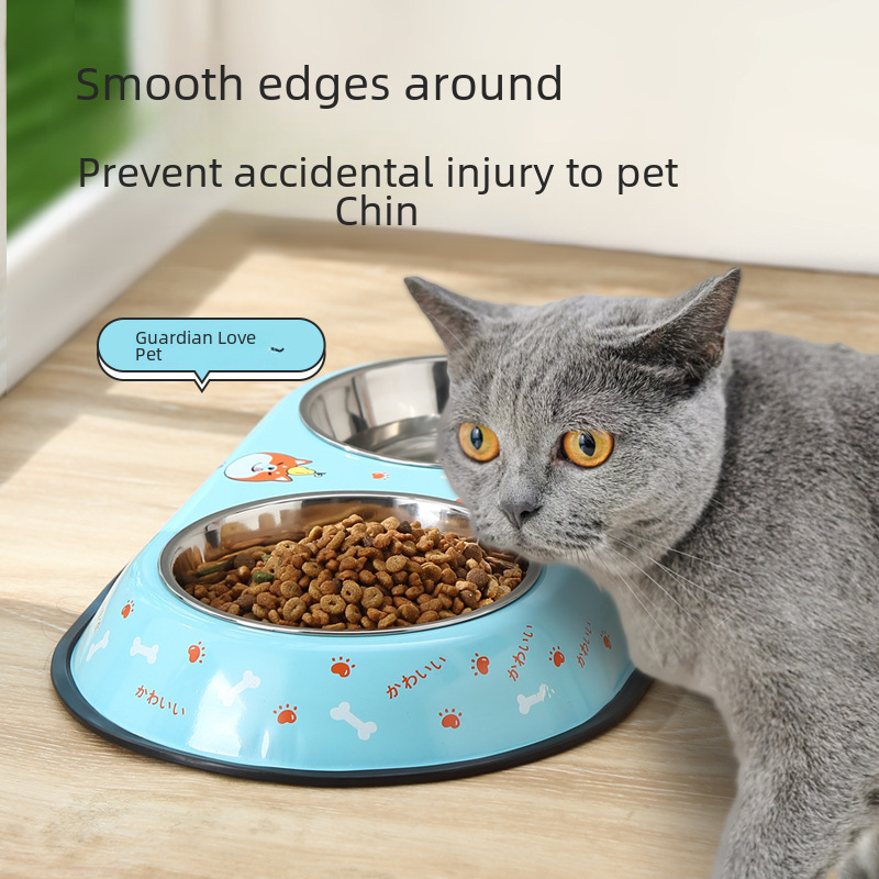 Stainless steel pet double bowl cat bowl and dog bowl anti-tip small and medium pet drinking bowl rice bowl cat food bowl dog food bowl