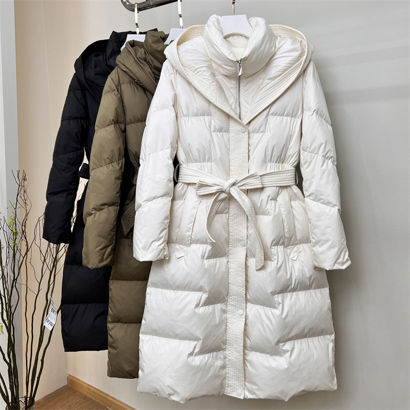 Hooded long down jacket women's over-the-knee thickened slim slim belted warm jacket 2024 new style