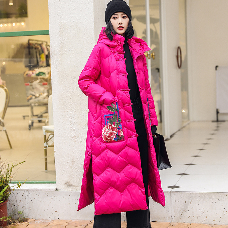 Ethnic style down jacket women's long Chinese style knee-high embroidered retro Chinese plate buckle large size white duck down jacket