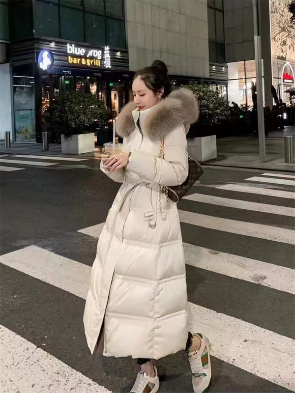 Temperament Down Jacket Women's Mid-Length Over-The-Knee Large Fur Collar Waist Slim White Duck Down New Year's New Winter Jacket