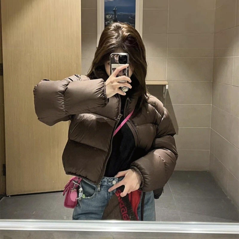 2024 New European and American Style Kendou Down Jacket Women's Short Brown Small Versatile High Waist Stand Collar Bread Jacket