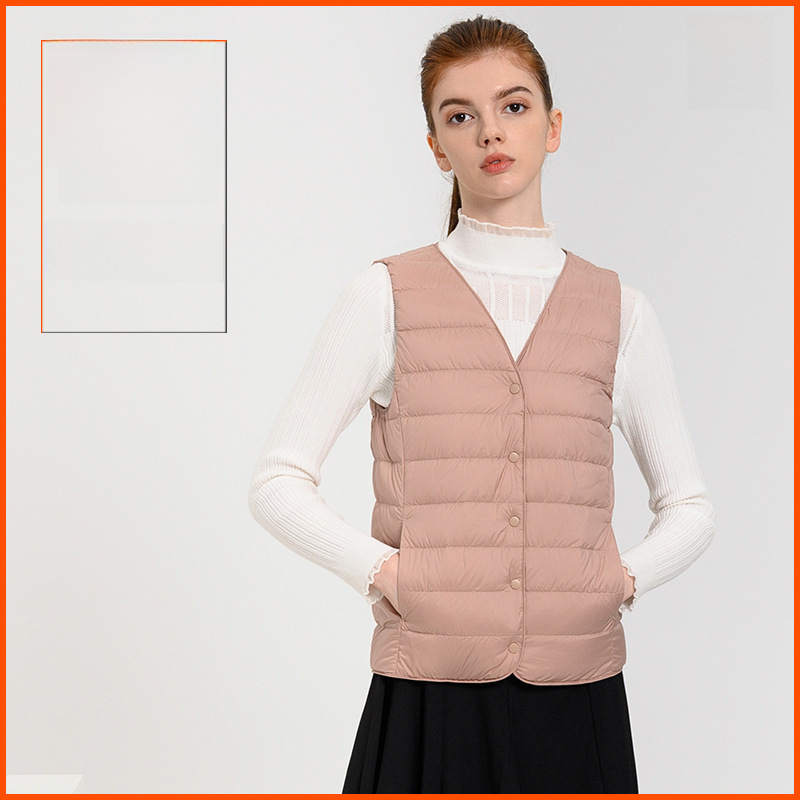 2024 New Down Vest Women's Collarless V-neck Lightweight Vest Liner Vest Women's Slim Waistcoat 90 White Duck Down