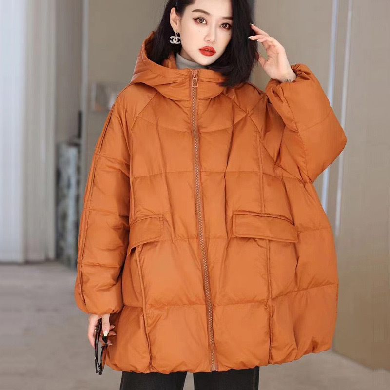 Down jacket women's pocket with cover winter new white duck down hooded European high quality loose Korean version off-season special price