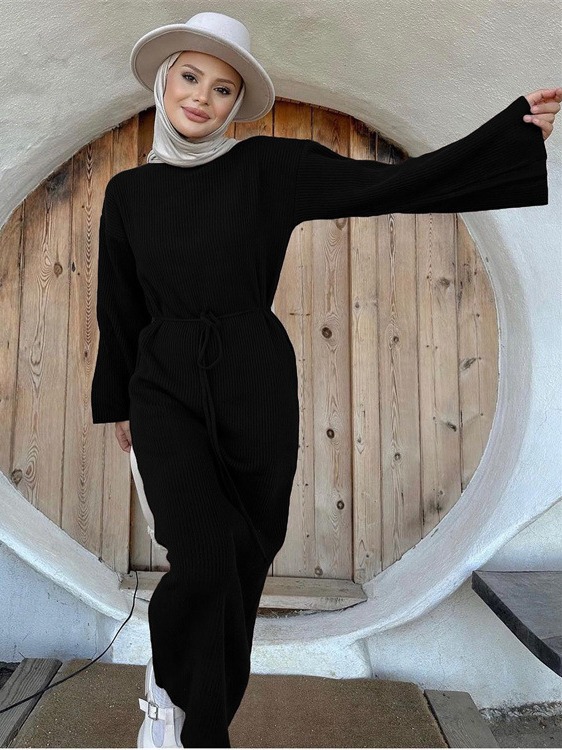 Long-sleeved high-waisted autumn and winter sweater dress European and American solid color casual European and American bottoming knitted long skirt cross-border dress
