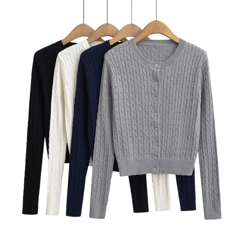 CL23108-23 New autumn style French girl warm and comfortable slim twist cardigan round neck long-sleeved sweater