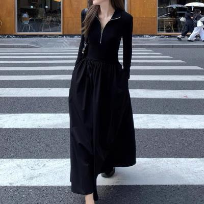 Black slim-fitting long-sleeved dress spliced ​​with A-line skirt for women, new autumn slimming skirt, V-neck waist mid-length skirt