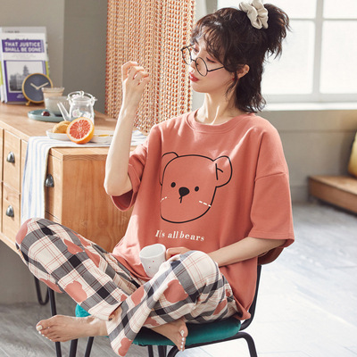 Pajamas women's round neck summer short-sleeved thin cartoon sweet and cute trousers cartoon home clothes spring and autumn suits