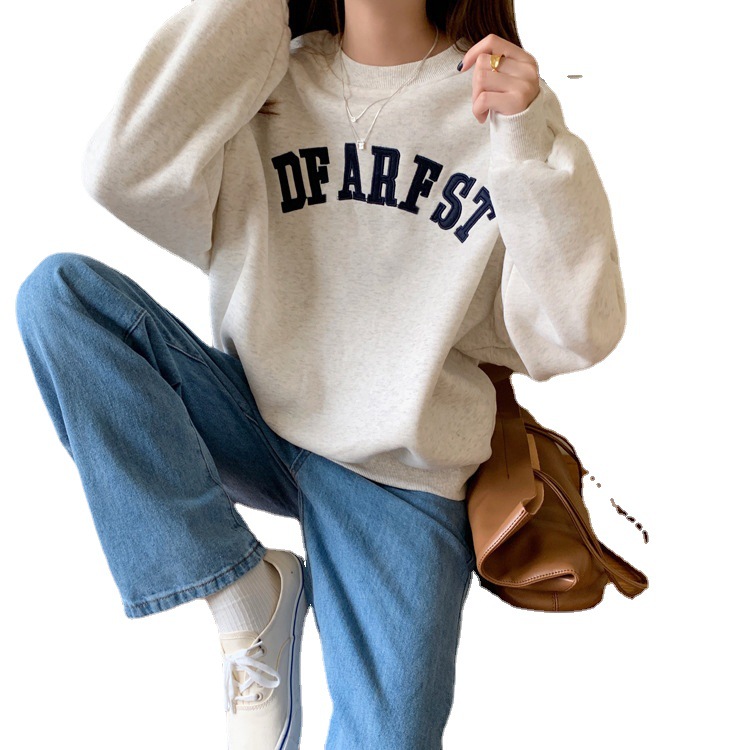 Round neck embroidered letter sweatshirt for women new spring and autumn loose long-sleeved top thin sweatshirt for women foreign trade wholesale
