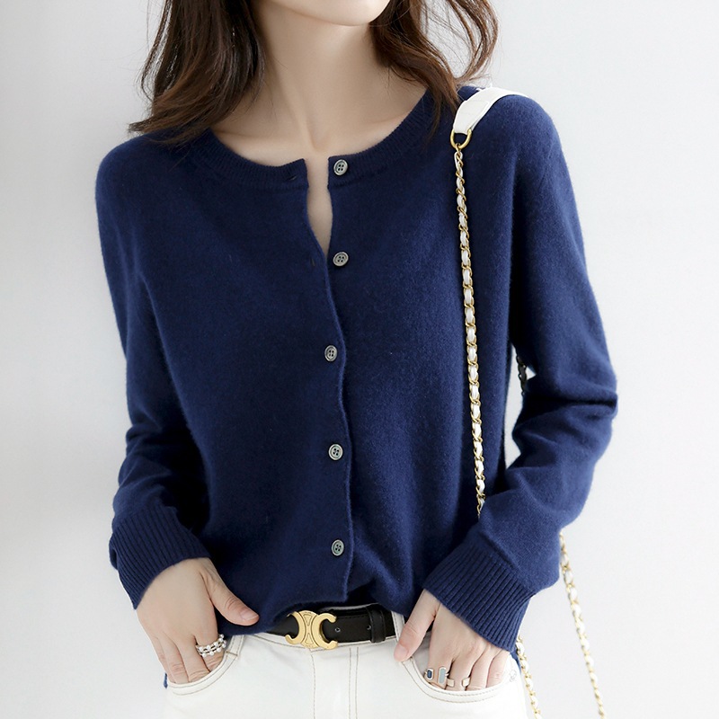 2024 Spring and Autumn New Women's Wool Cardigan Round Neck Top Short Small Jacket Solid Color Knitted Cardigan Versatile Jacket