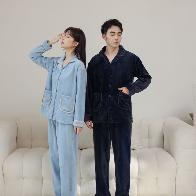 Couple flannel home wear women's autumn and winter lapel cardigan men's pajamas coral velvet thickened suit manufacturer ready stock