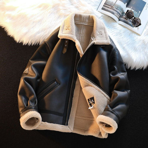 Heavyweight Hong Kong style retro fur one-piece jacket men's Camera motorcycle jacket winter plus velvet PU leather lambswool cotton jacket